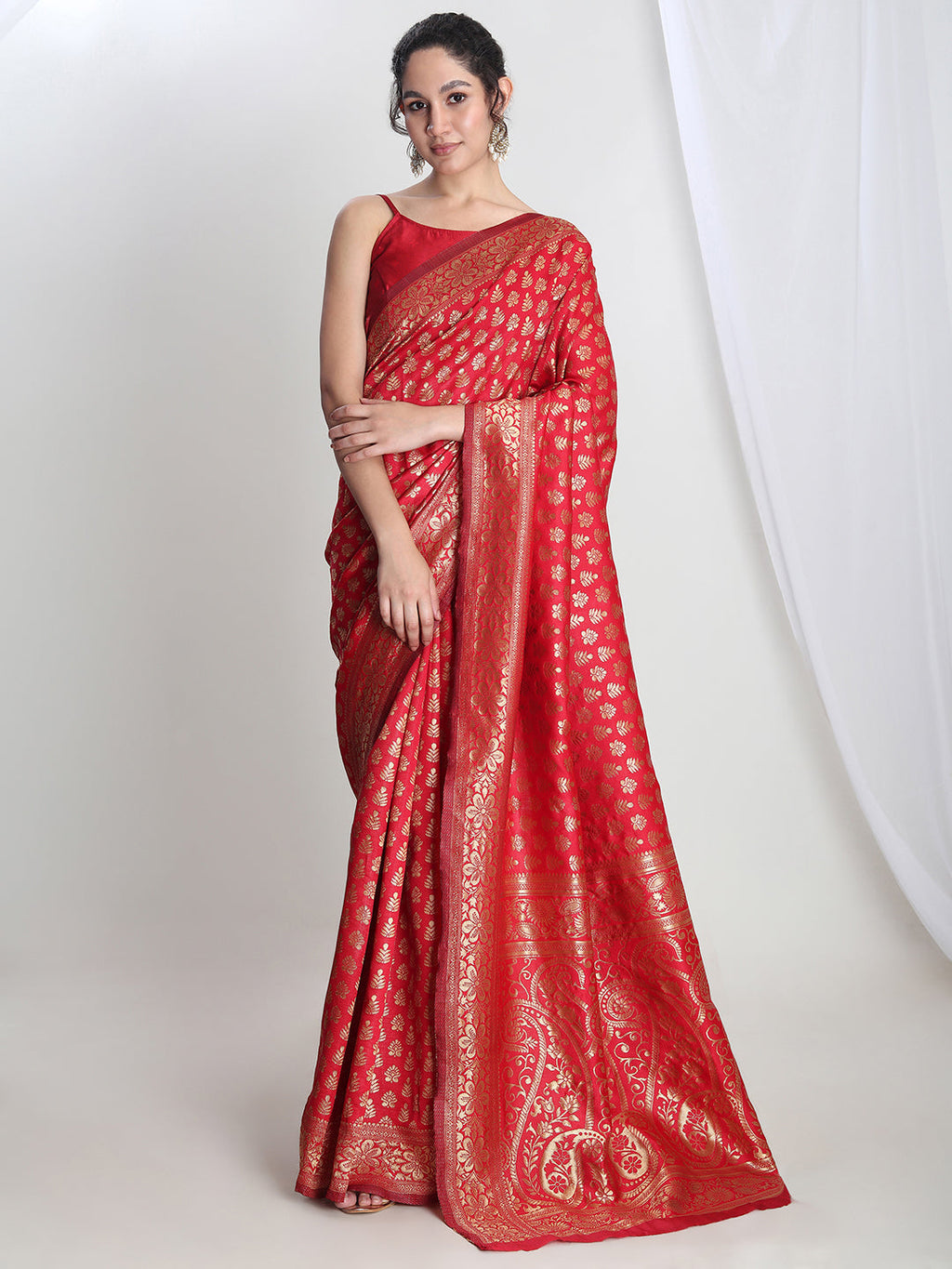 Janasya Red Silk Blend Floral Jacquard Saree - Distacart