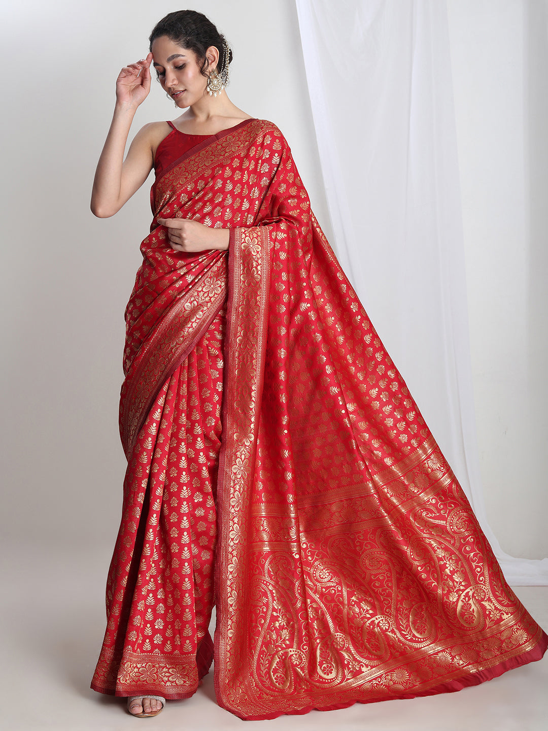 Janasya Red Silk Blend Floral Jacquard Saree - Distacart