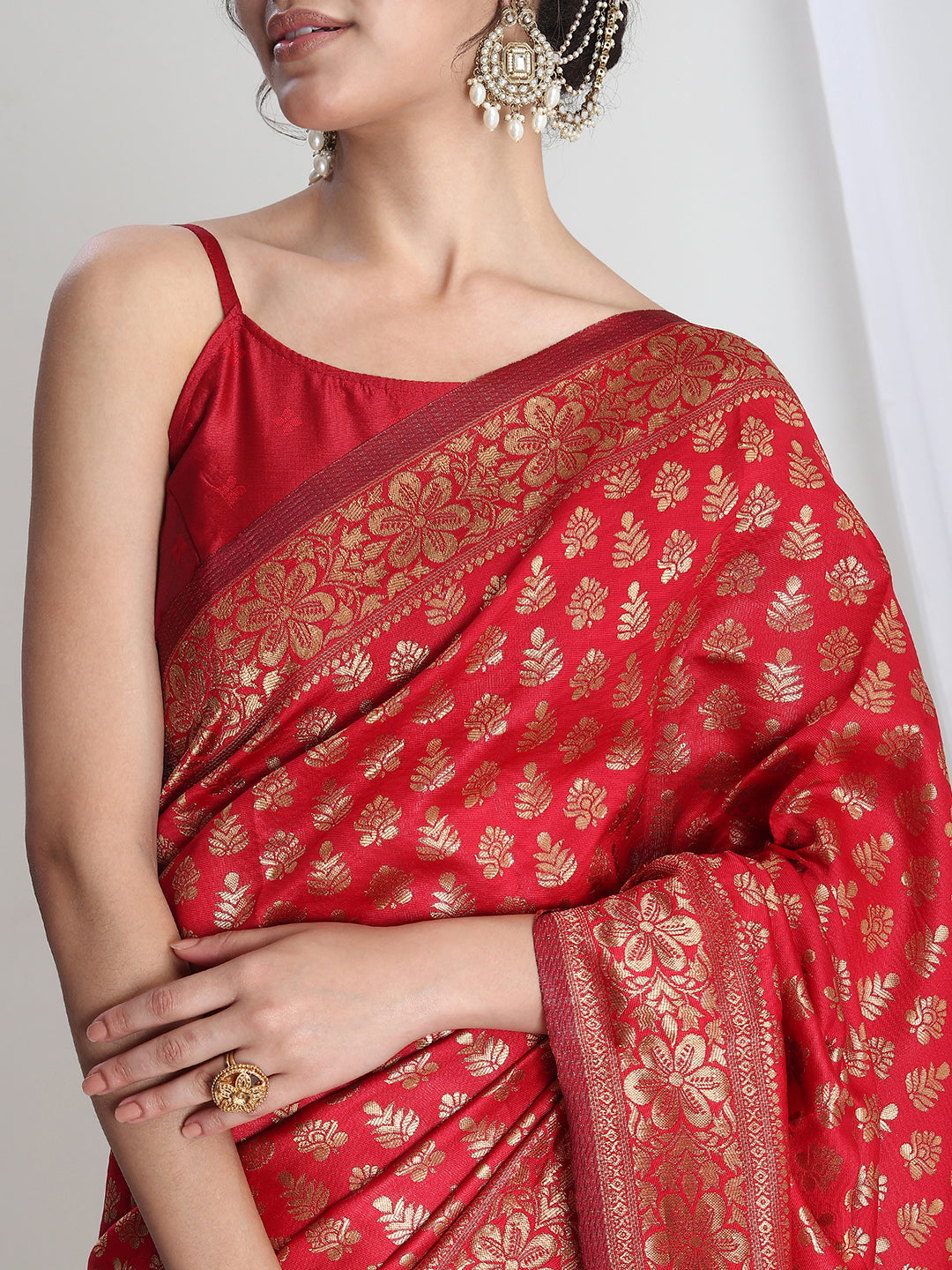 Janasya Red Silk Blend Floral Jacquard Saree - Distacart
