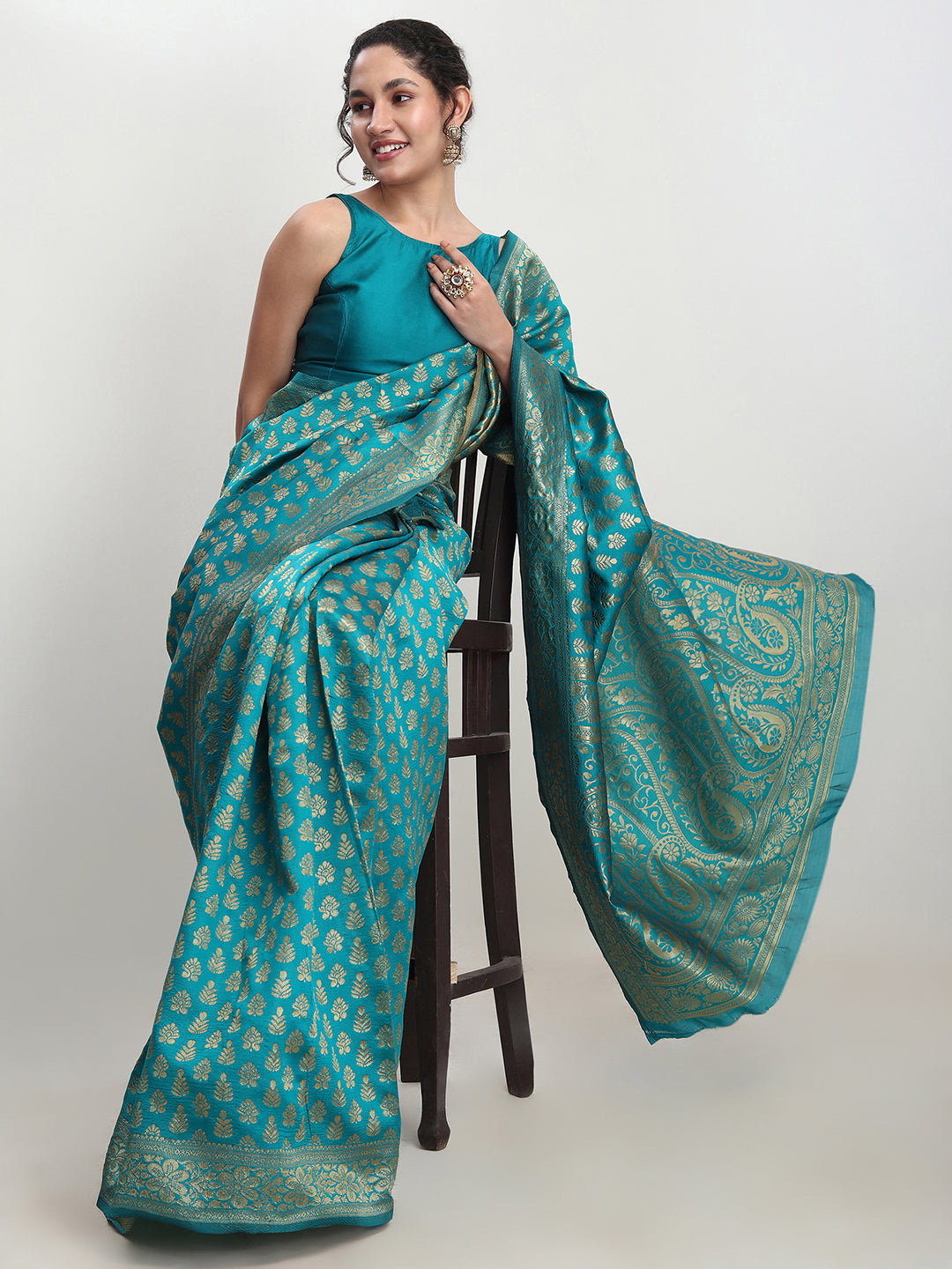 Janasya Turquoise Silk Blend Ethnic Motifs Jacquard Saree - Distacart
