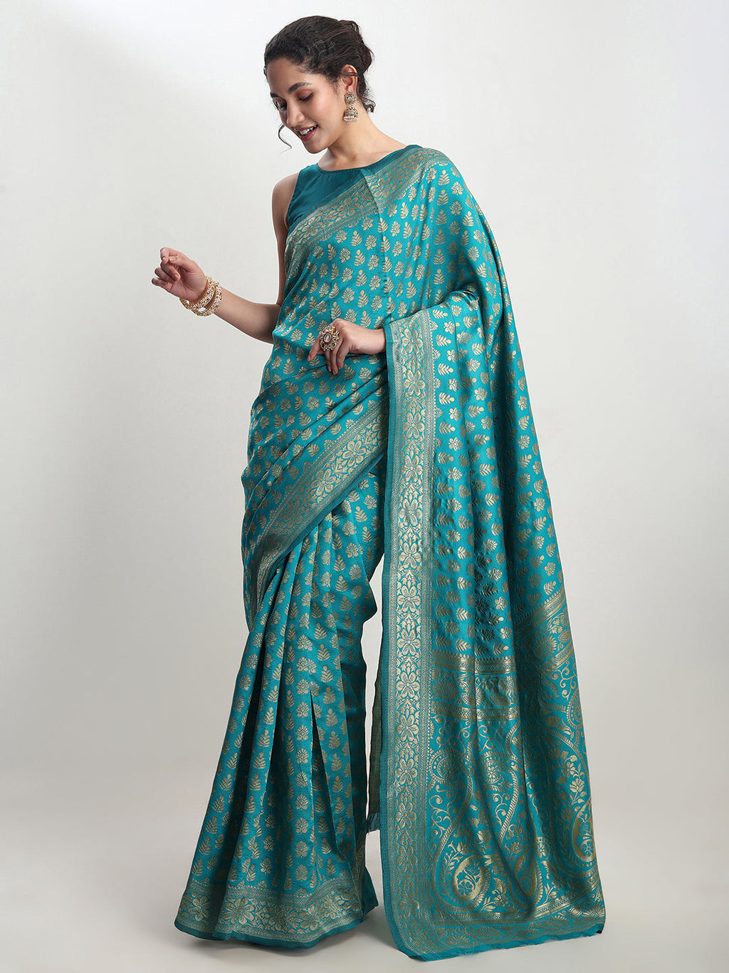 Janasya Turquoise Silk Blend Ethnic Motifs Jacquard Saree - Distacart