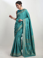 Janasya Turquoise Silk Blend Ethnic Motifs Jacquard Saree - Distacart