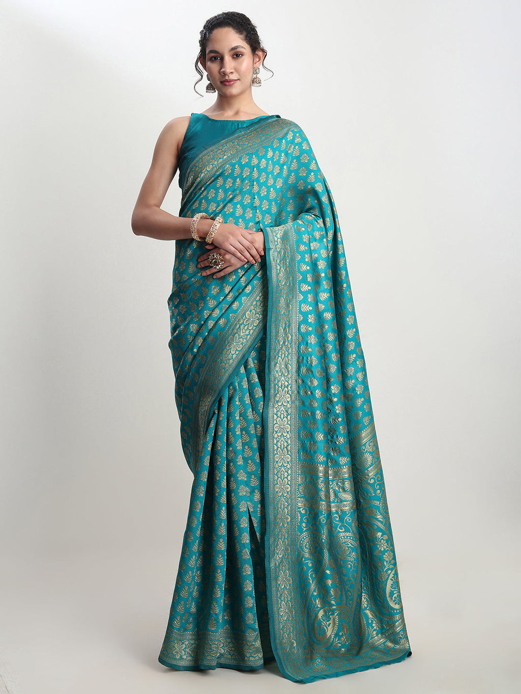Janasya Turquoise Silk Blend Ethnic Motifs Jacquard Saree - Distacart