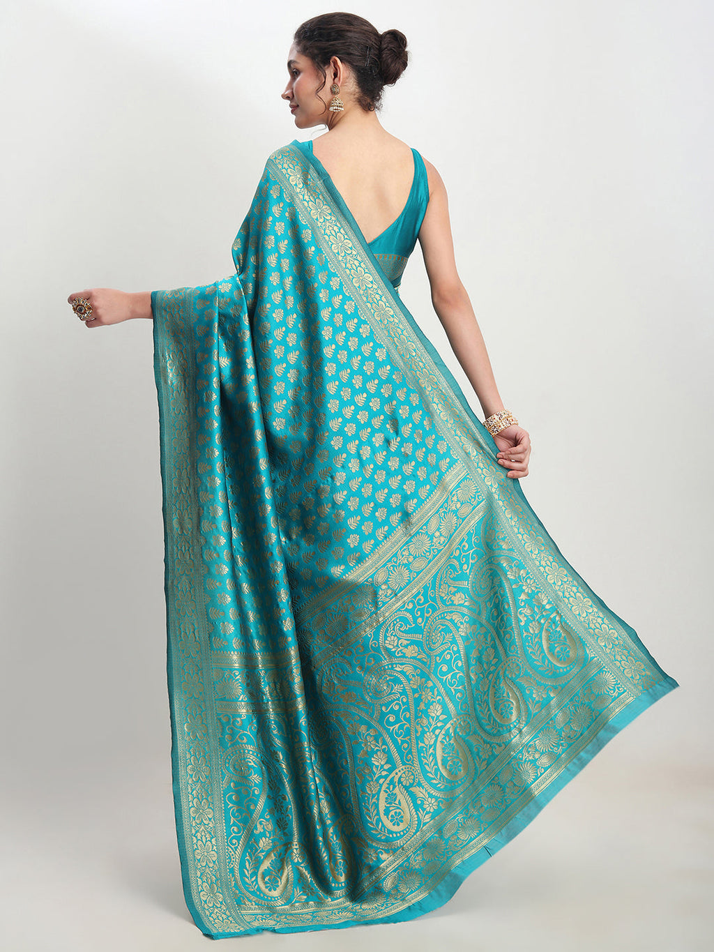 Janasya Turquoise Silk Blend Ethnic Motifs Jacquard Saree - Distacart