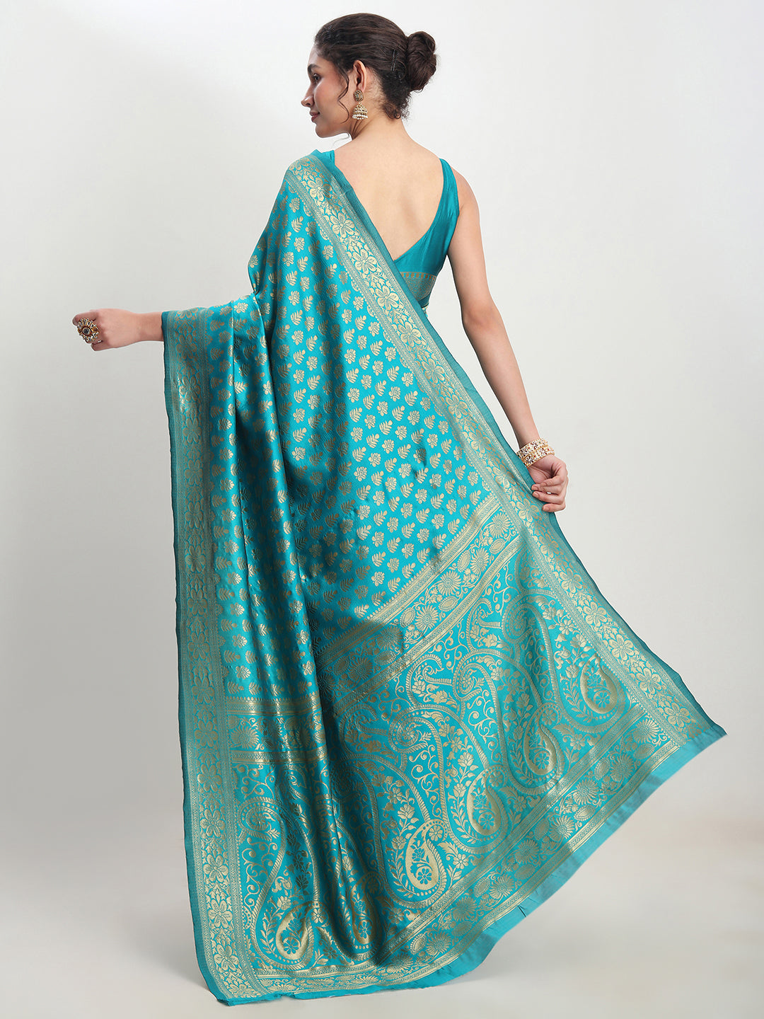 Janasya Turquoise Silk Blend Ethnic Motifs Jacquard Saree - Distacart