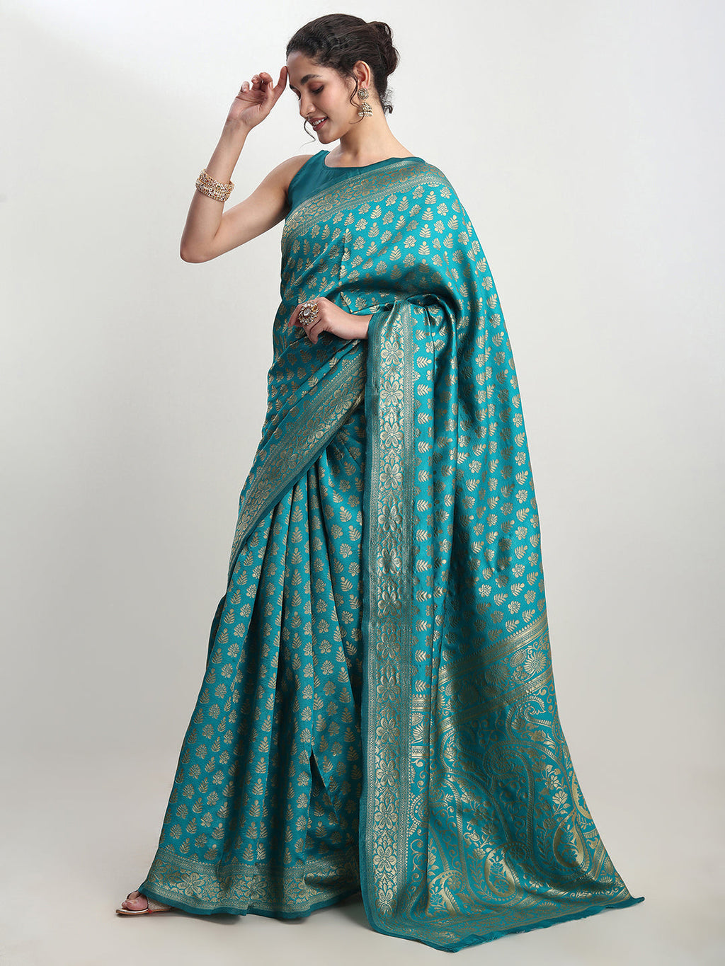 Janasya Turquoise Silk Blend Ethnic Motifs Jacquard Saree - Distacart