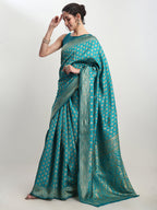 Janasya Turquoise Silk Blend Ethnic Motifs Jacquard Saree - Distacart