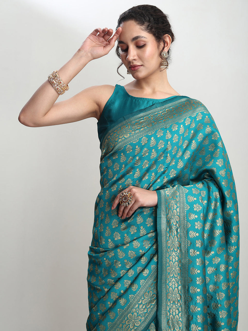Janasya Turquoise Silk Blend Ethnic Motifs Jacquard Saree - Distacart