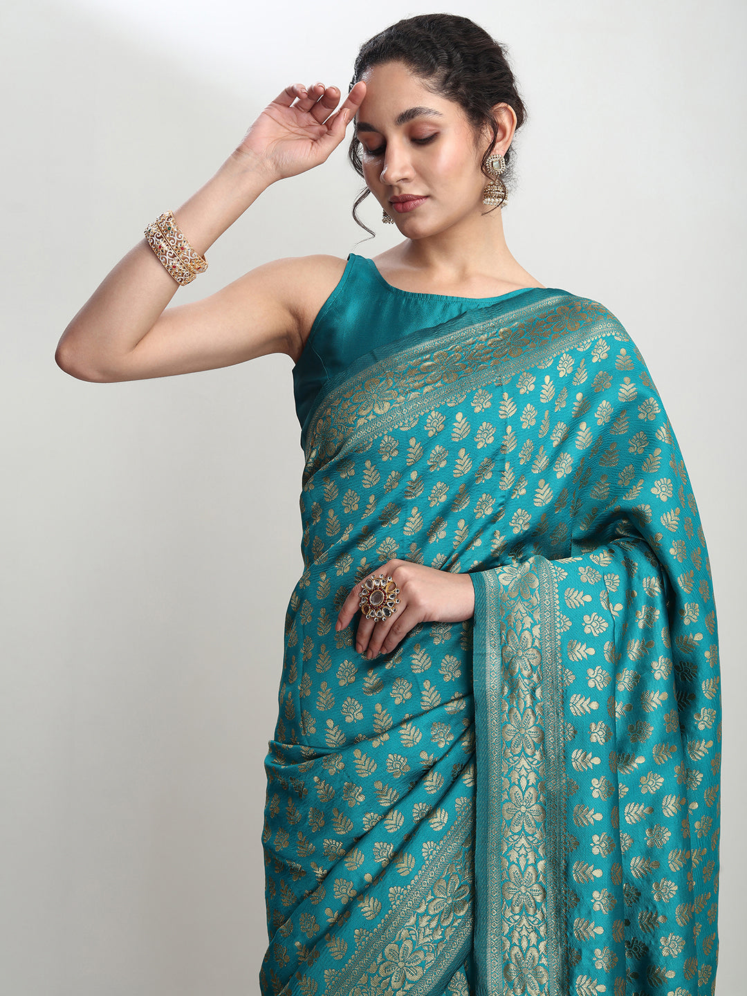 Janasya Turquoise Silk Blend Ethnic Motifs Jacquard Saree - Distacart