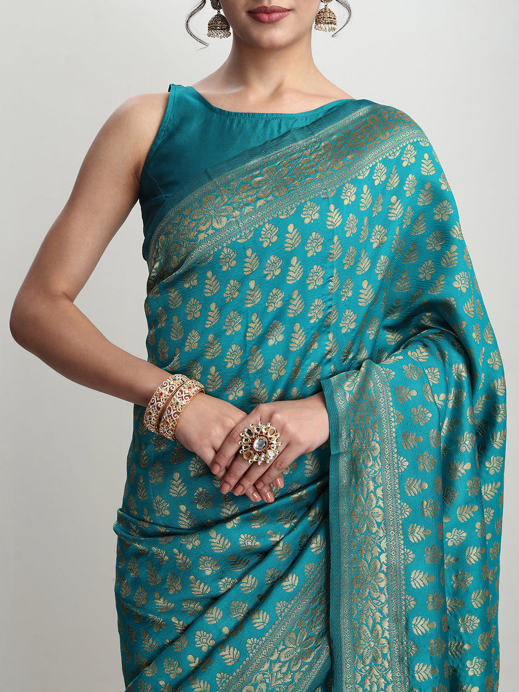 Janasya Turquoise Silk Blend Ethnic Motifs Jacquard Saree - Distacart