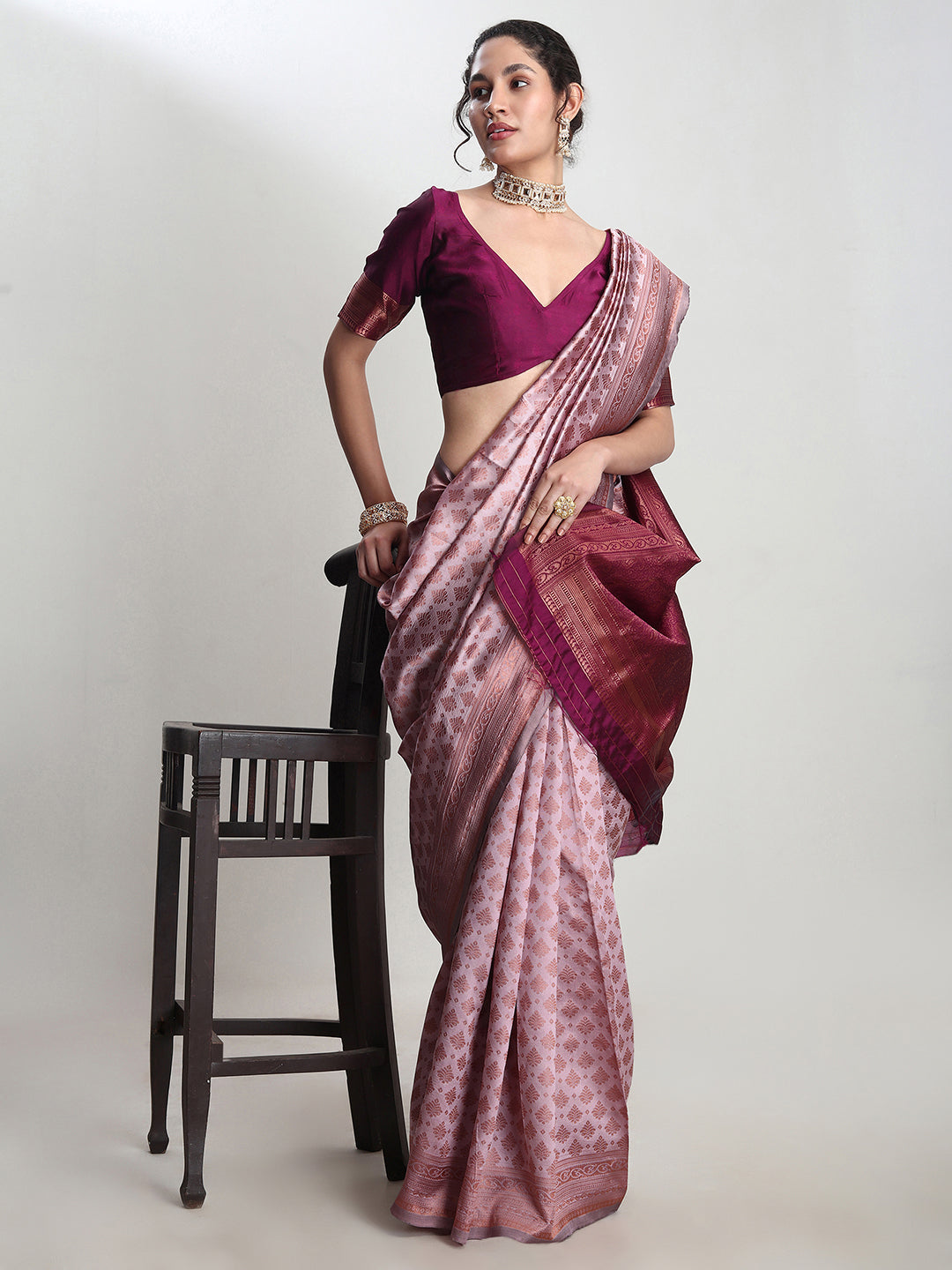 Janasya Dusty Pink Silk Blend Ethnic Motifs Jacquard Saree - Distacart