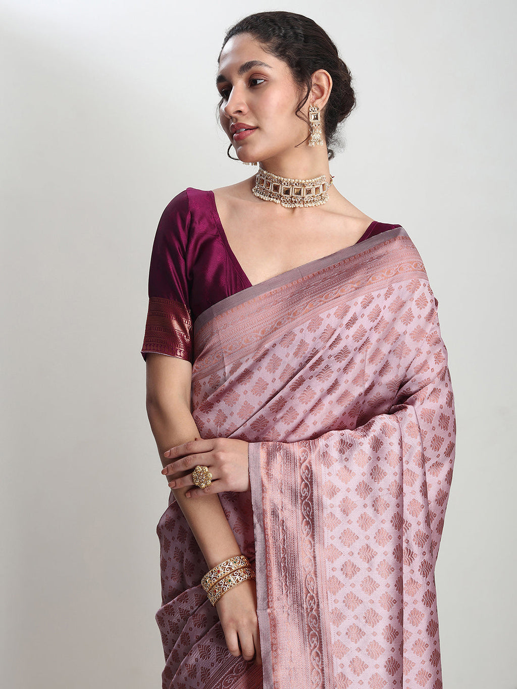 Janasya Dusty Pink Silk Blend Ethnic Motifs Jacquard Saree - Distacart