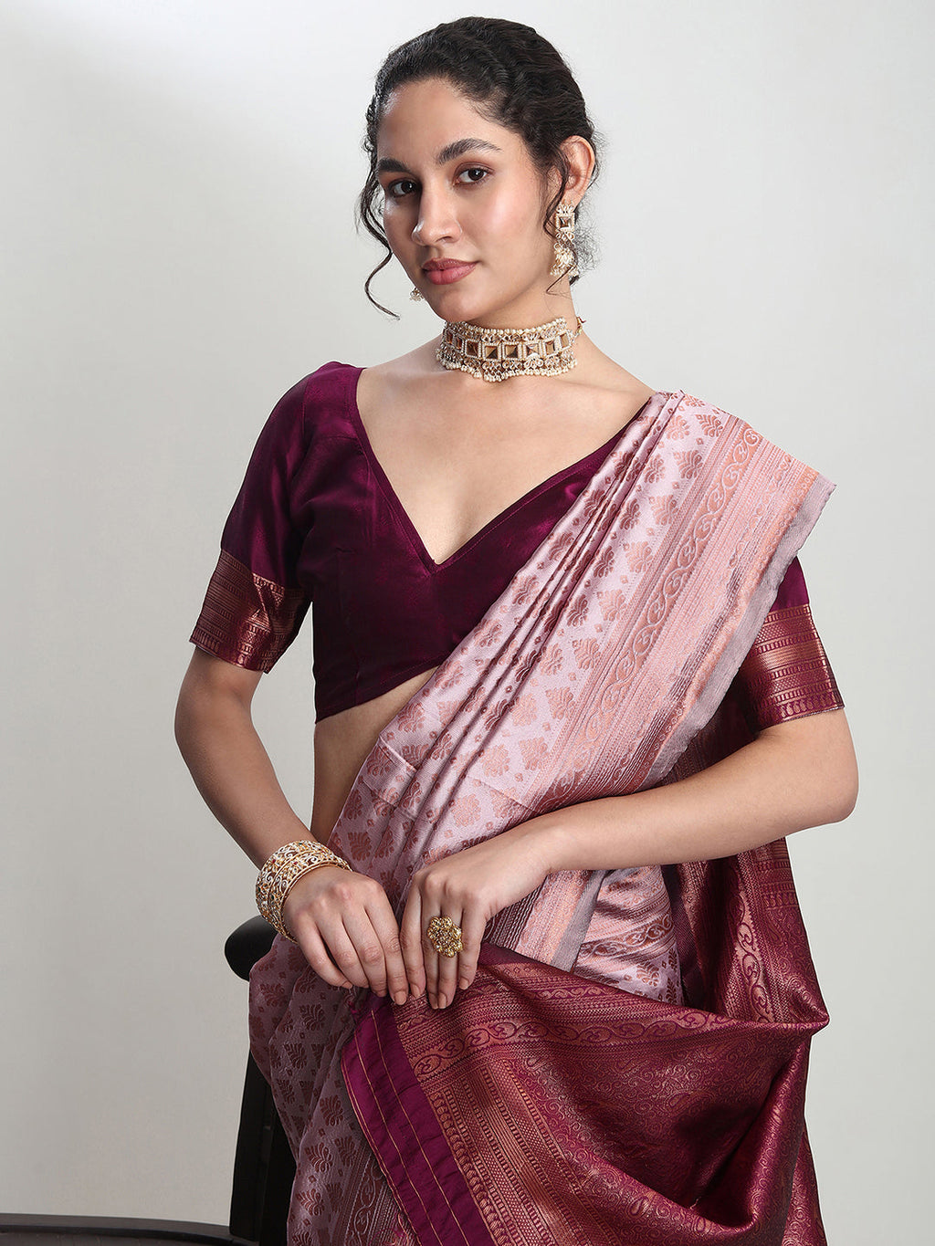 Janasya Dusty Pink Silk Blend Ethnic Motifs Jacquard Saree - Distacart