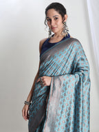 Janasya Light Blue Silk Blend Ethnic Motifs Jacquard Saree - Distacart