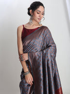 Janasya Grey Silk Blend Ethnic Motifs Jacquard Saree - Distacart