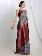 Janasya Grey Silk Blend Ethnic Motifs Jacquard Saree - Distacart