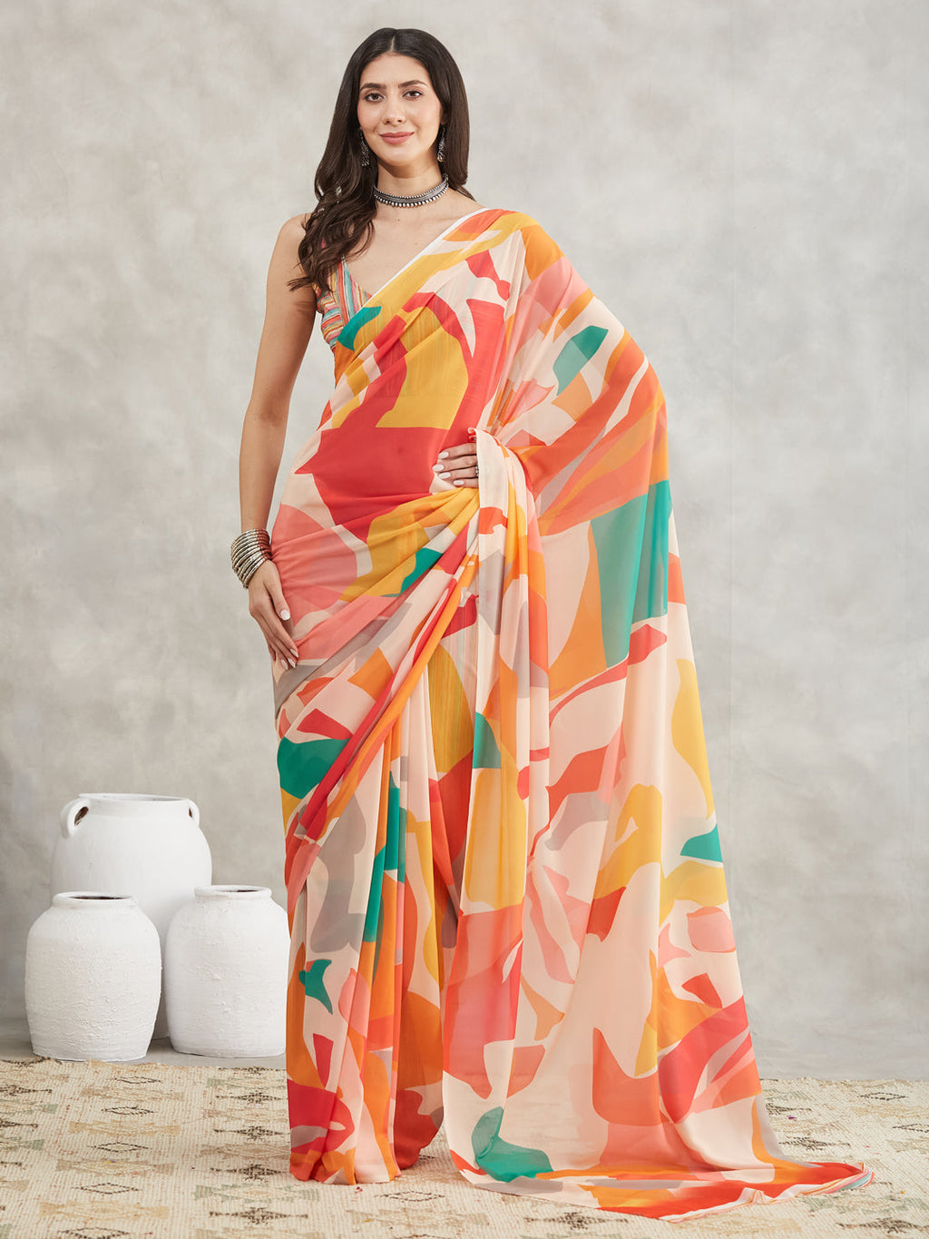 Janasya Multicolor Georgette Abstract Printed Saree - Distacart