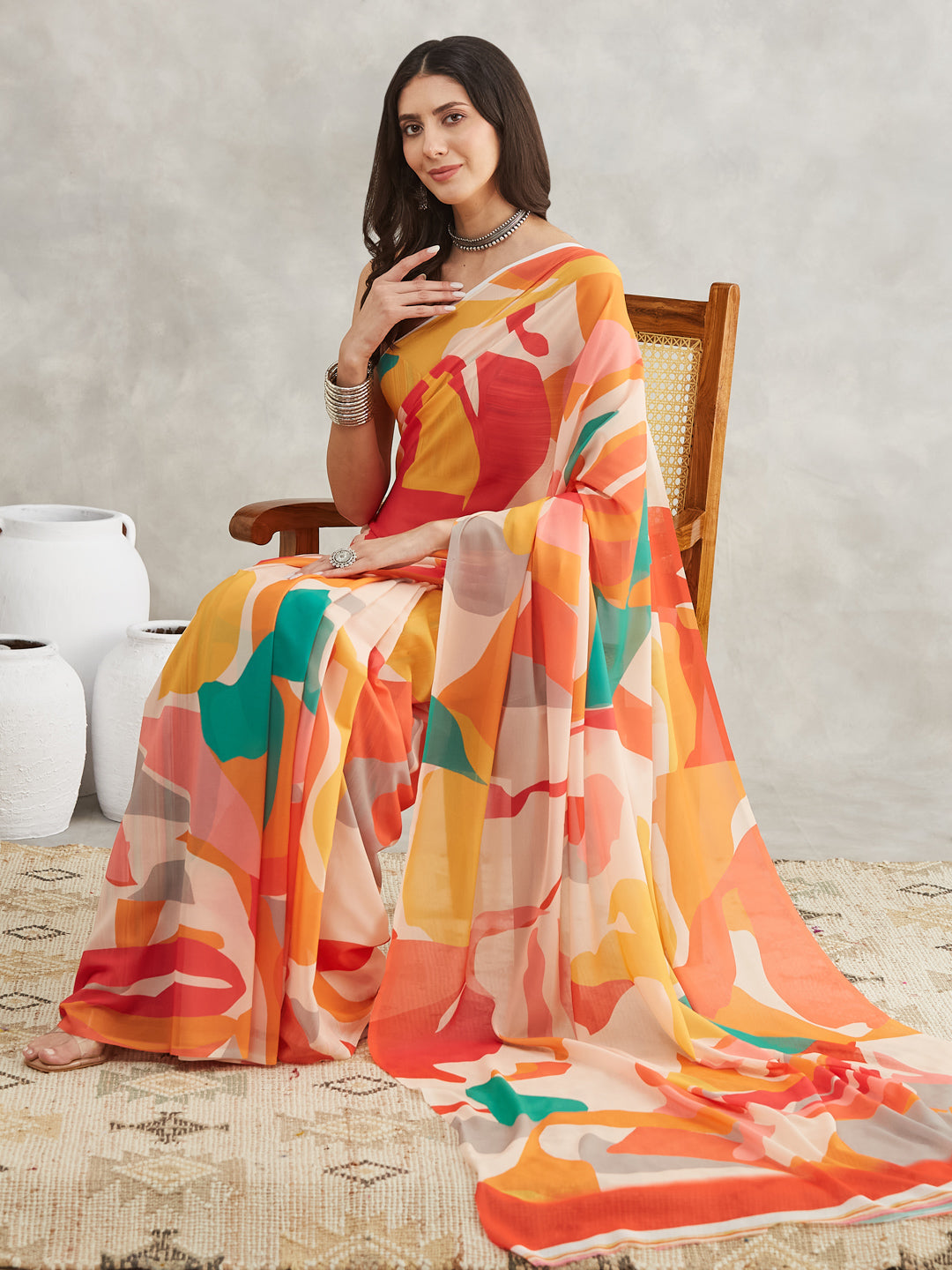 Janasya Multicolor Georgette Abstract Printed Saree - Distacart