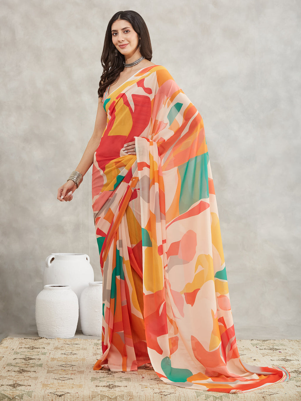 Janasya Multicolor Georgette Abstract Printed Saree - Distacart