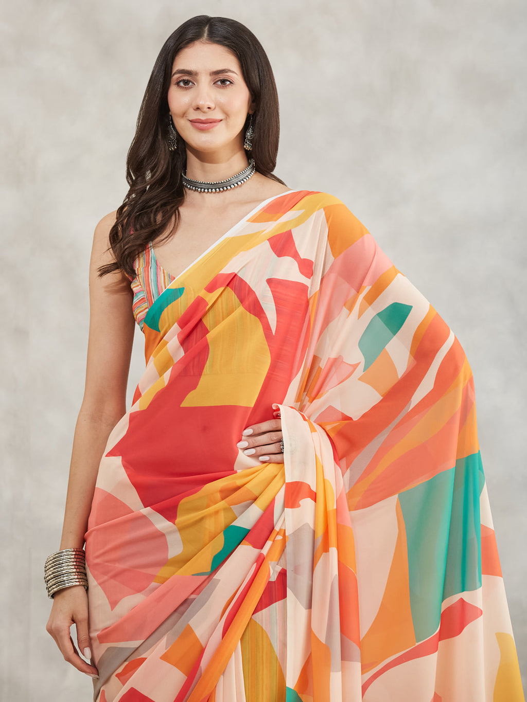 Janasya Multicolor Georgette Abstract Printed Saree - Distacart