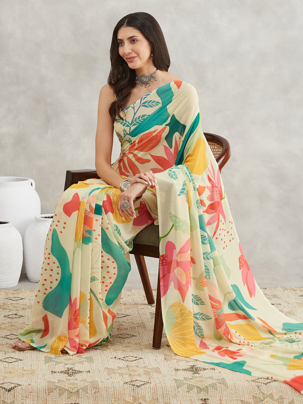 Janasya Multicolor Georgette Tropical Printed Saree - Distacart