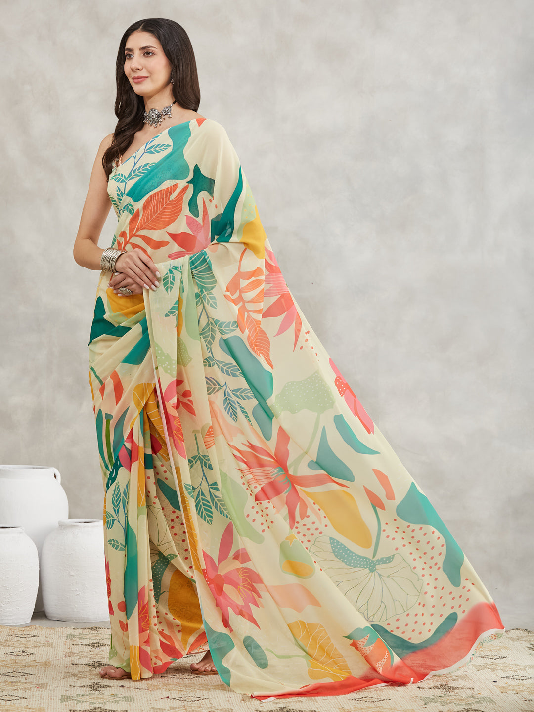 Janasya Multicolor Georgette Tropical Printed Saree - Distacart