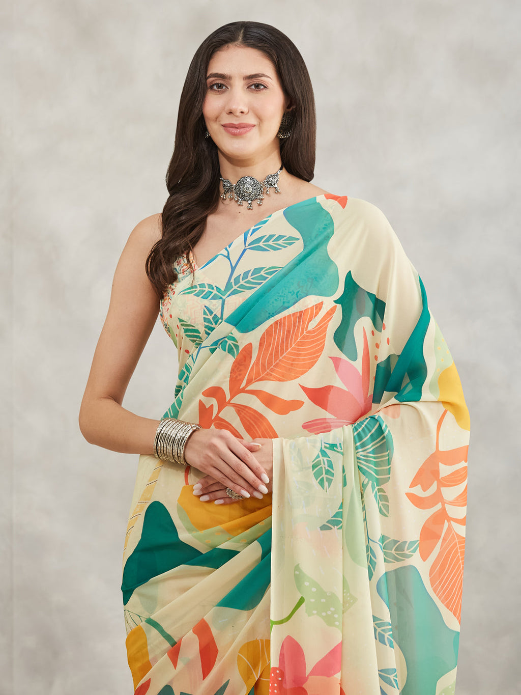 Janasya Multicolor Georgette Tropical Printed Saree - Distacart
