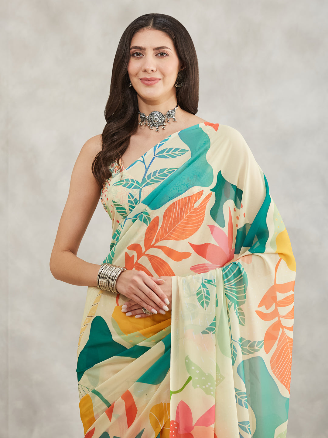 Janasya Multicolor Georgette Tropical Printed Saree - Distacart