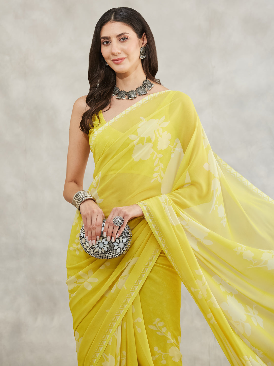 Janasya Lime Yellow Georgette Floral Printed Saree - Distacart