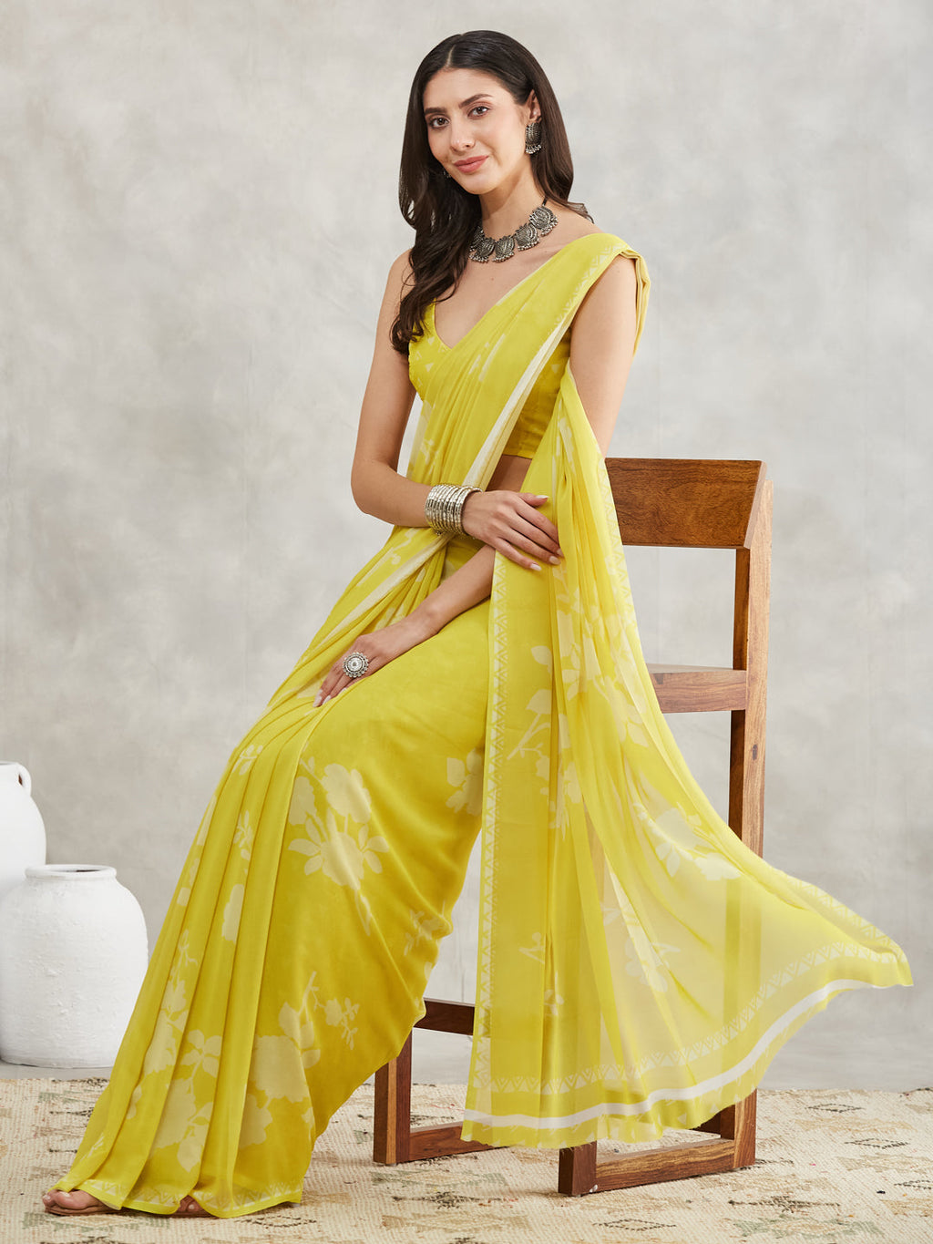 Janasya Lime Yellow Georgette Floral Printed Saree - Distacart