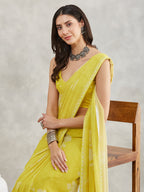 Janasya Lime Yellow Georgette Floral Printed Saree - Distacart