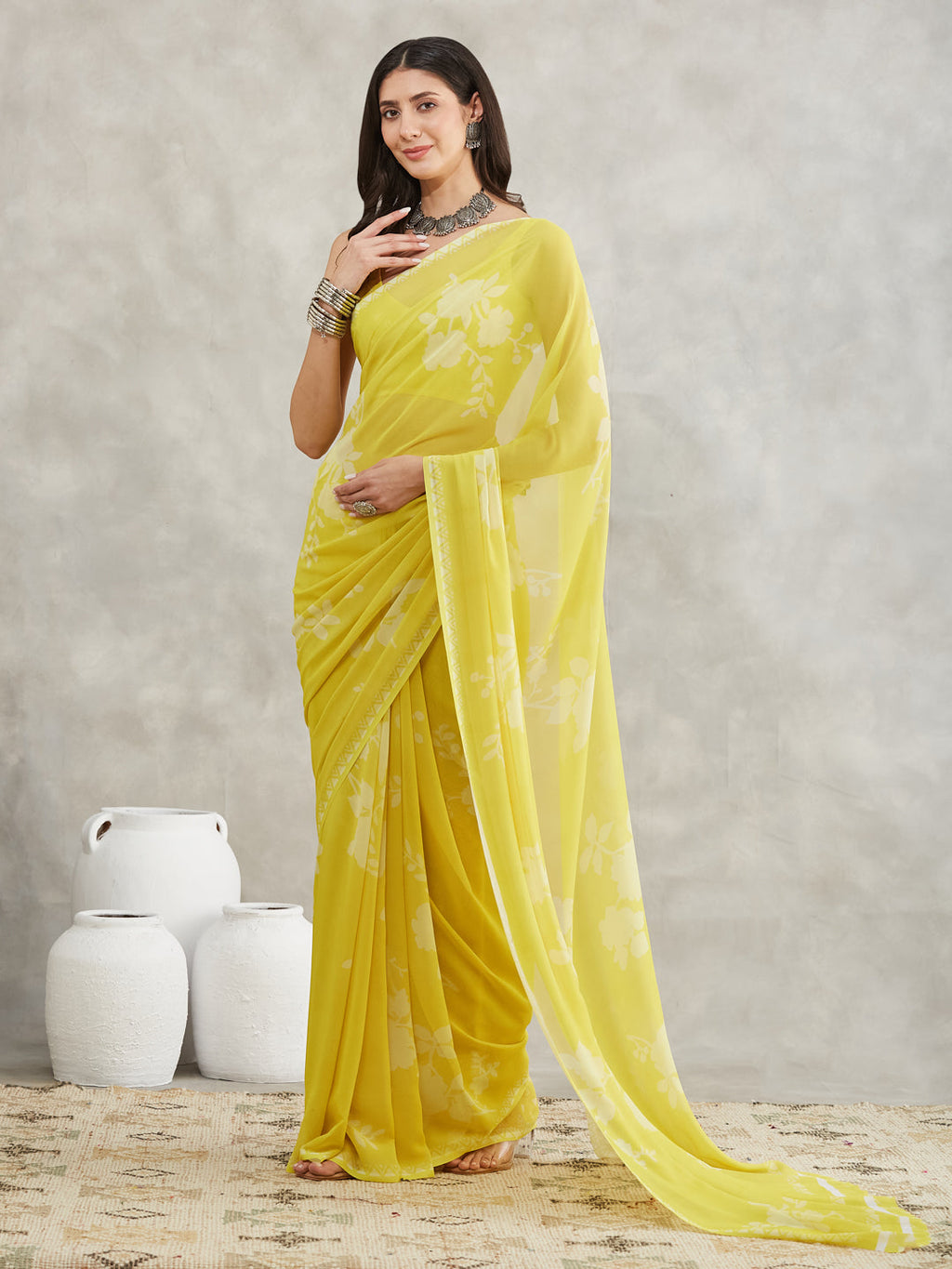 Janasya Lime Yellow Georgette Floral Printed Saree - Distacart