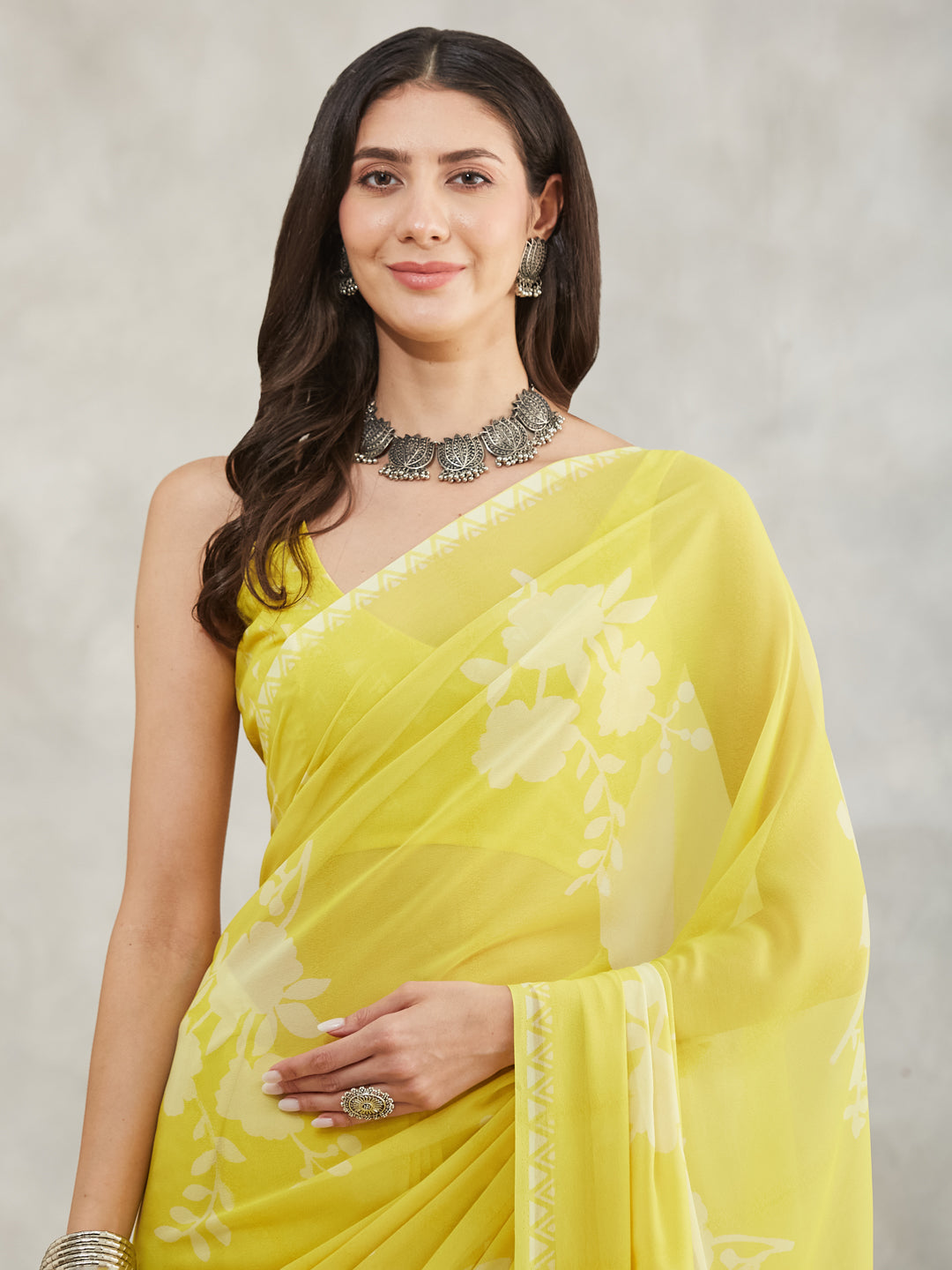 Janasya Lime Yellow Georgette Floral Printed Saree - Distacart
