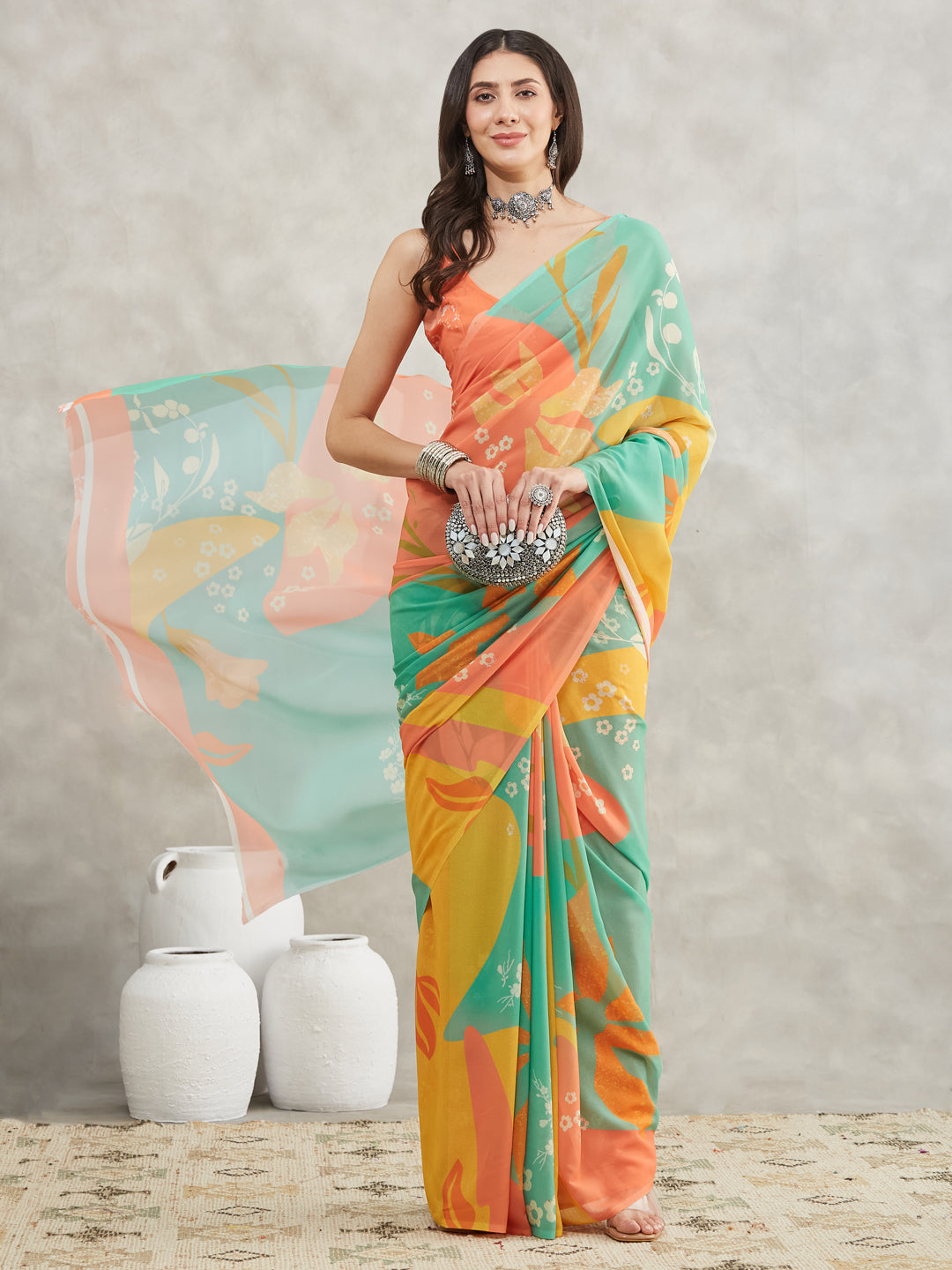 Janasya Multicolor Georgette Floral Printed Saree - Distacart