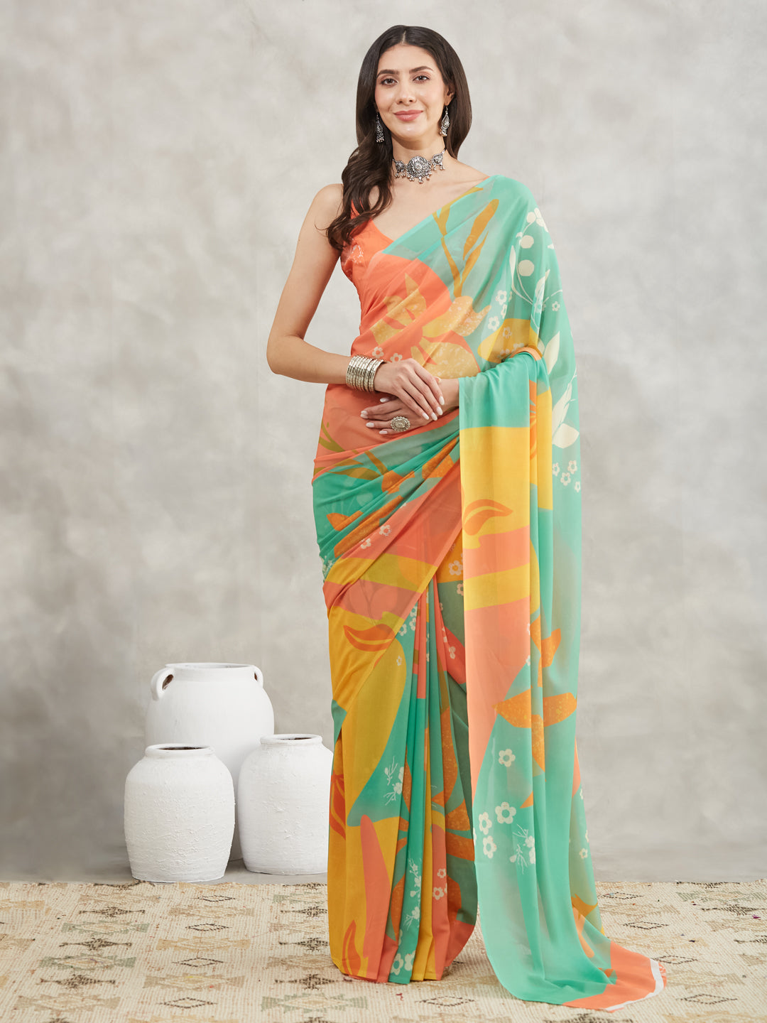 Janasya Multicolor Georgette Floral Printed Saree - Distacart