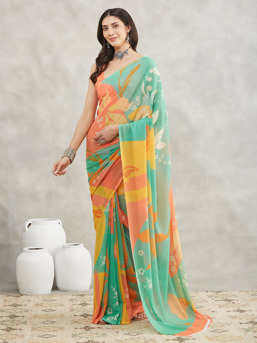 Janasya Multicolor Georgette Floral Printed Saree - Distacart