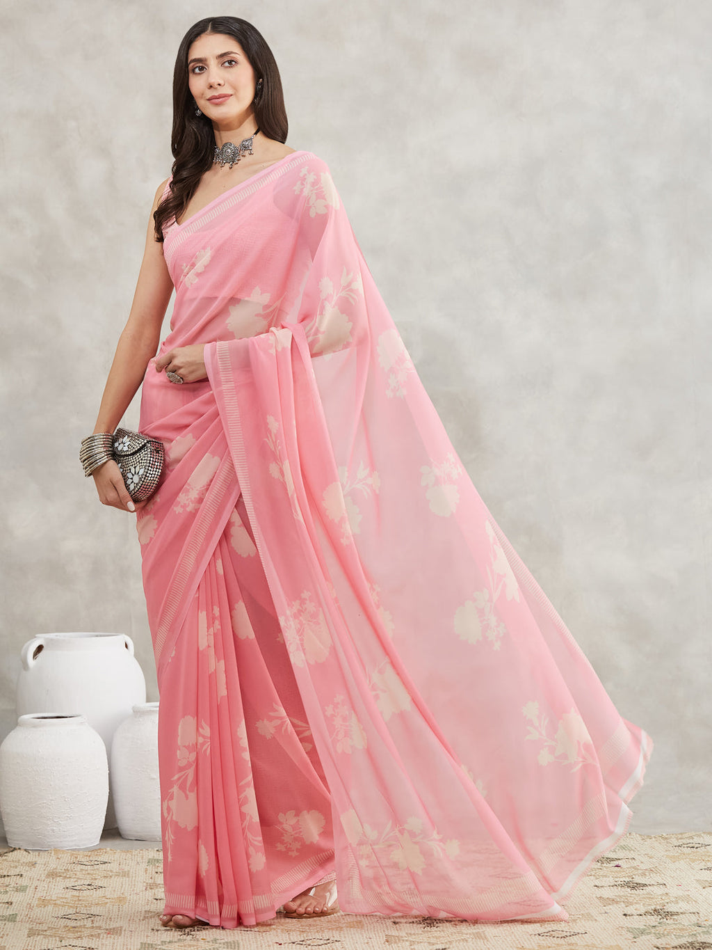 Janasya Light Pink Georgette Floral Printed Saree - Distacart