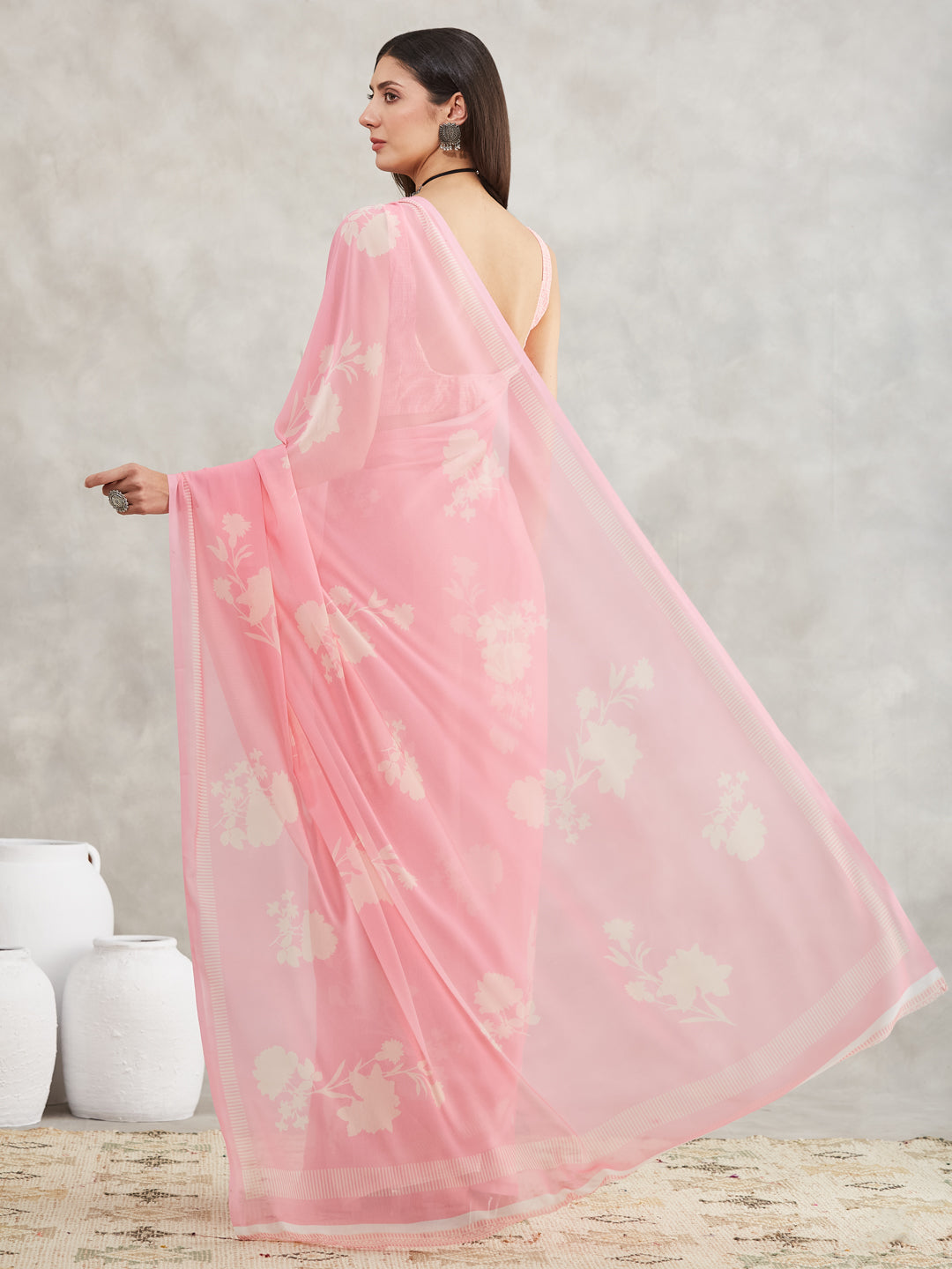 Janasya Light Pink Georgette Floral Printed Saree - Distacart