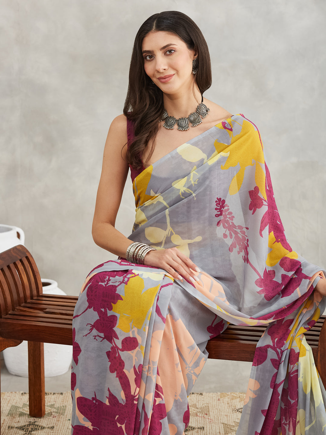 Janasya Grey Georgette Abstract Printed Saree - Distacart