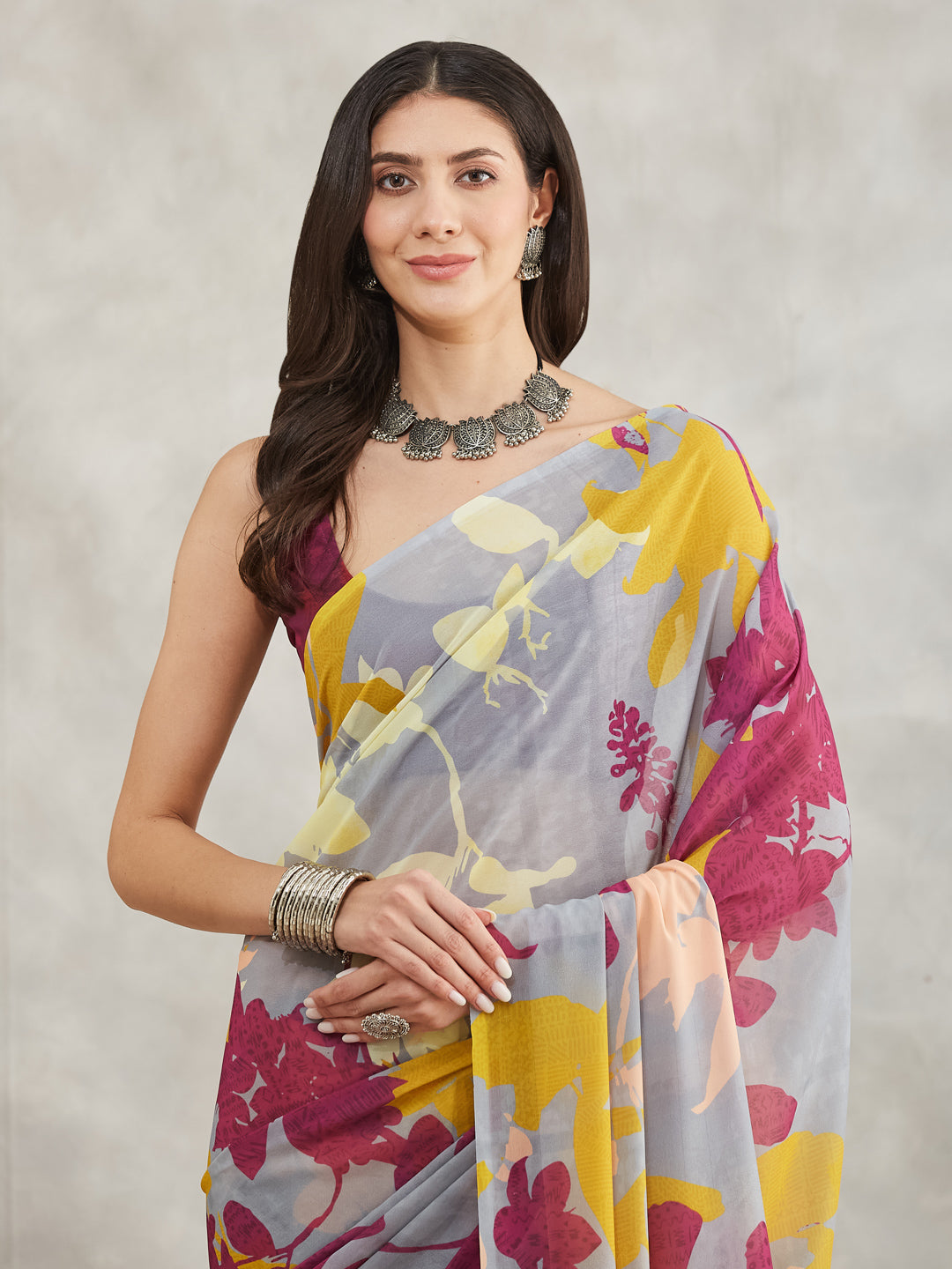 Janasya Grey Georgette Abstract Printed Saree - Distacart