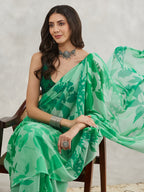 Janasya Green Georgette Abstract Printed Saree - Distacart