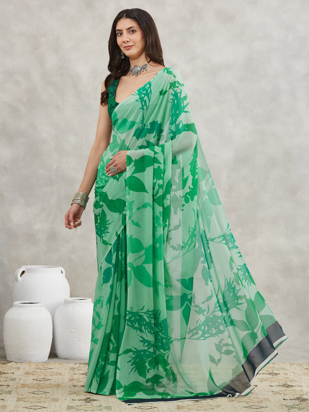 Janasya Green Georgette Abstract Printed Saree - Distacart