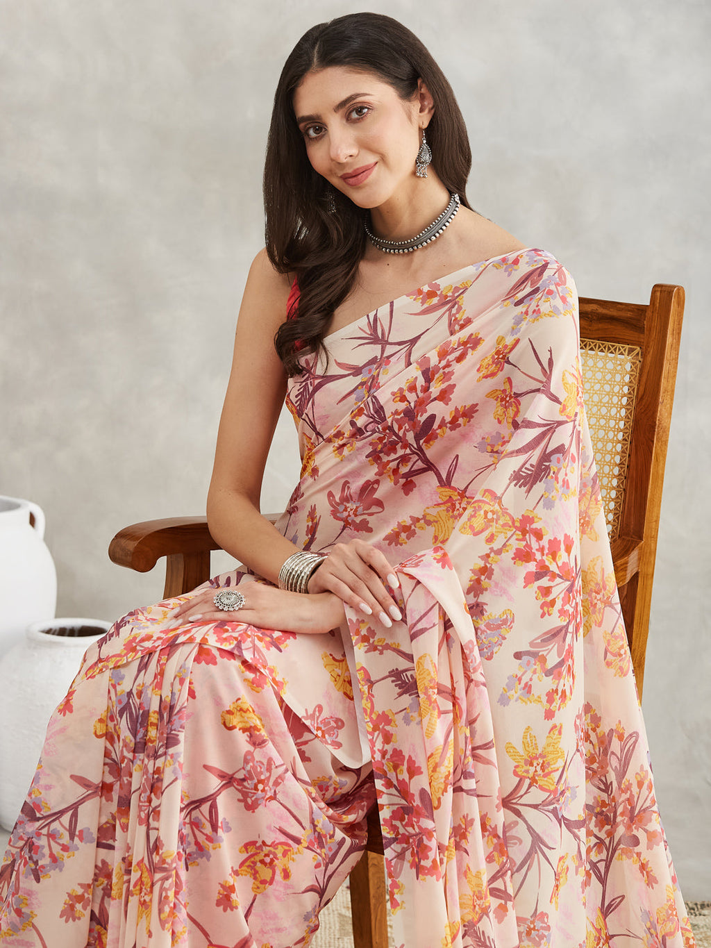 Janasya Cream Georgette Floral Printed Saree - Distacart