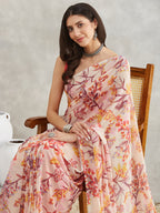 Janasya Cream Georgette Floral Printed Saree - Distacart
