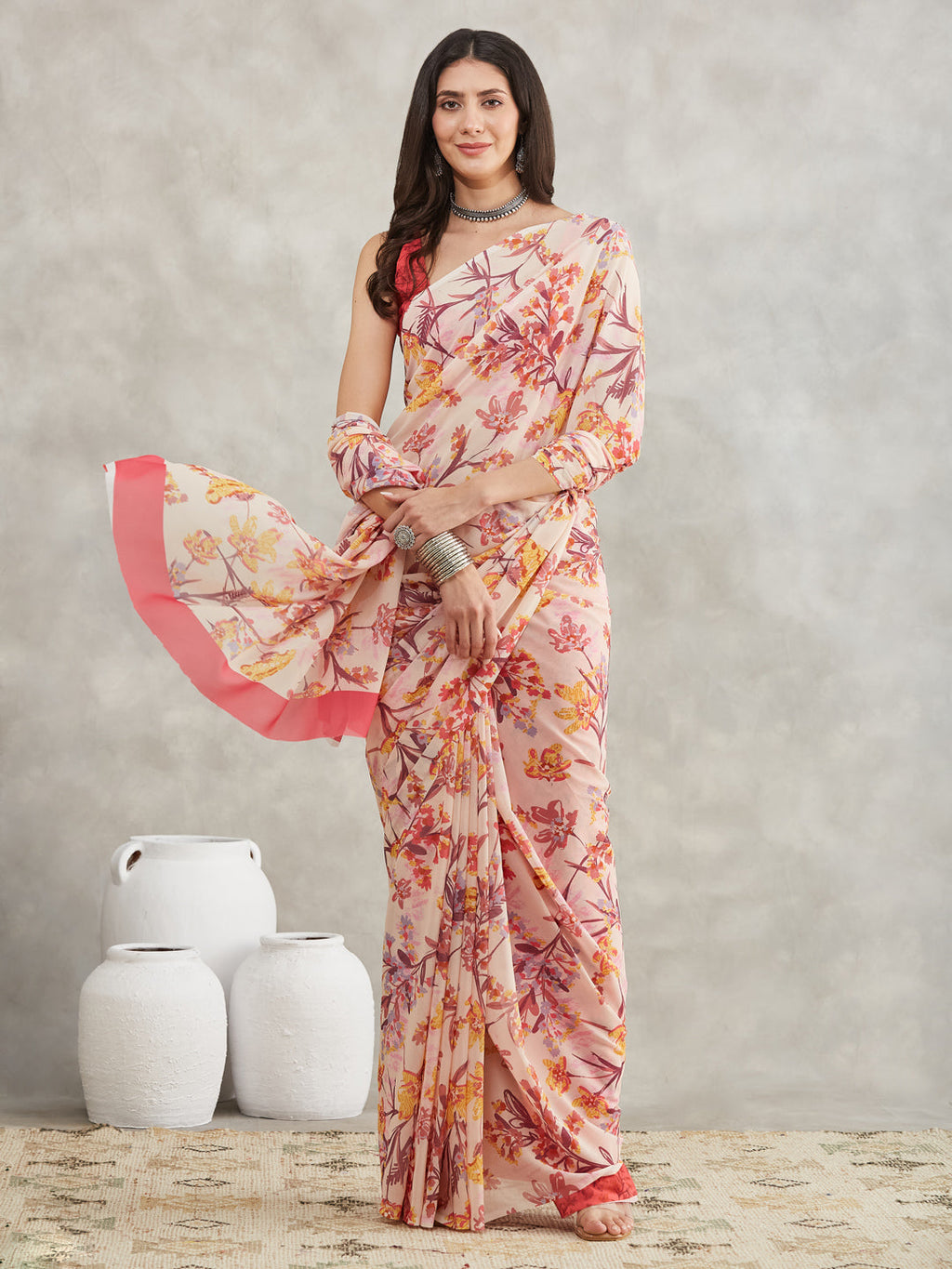 Janasya Cream Georgette Floral Printed Saree - Distacart