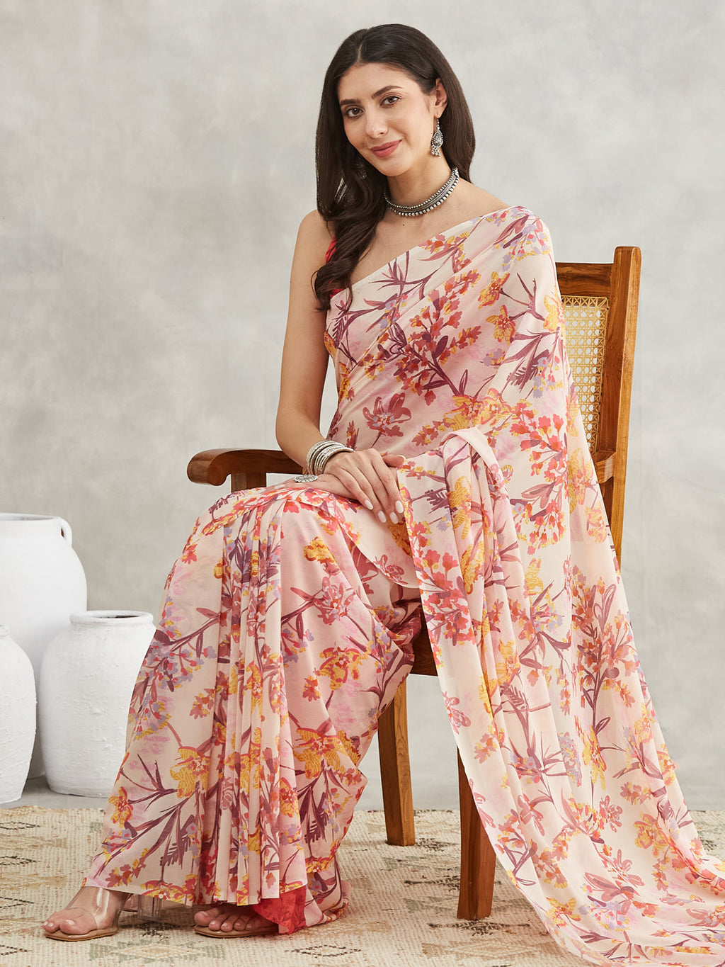 Janasya Cream Georgette Floral Printed Saree - Distacart