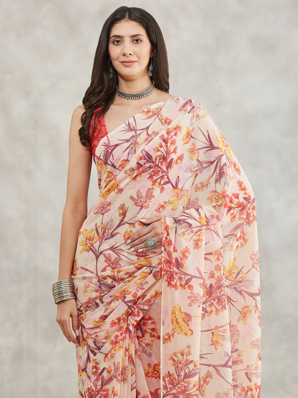 Janasya Cream Georgette Floral Printed Saree - Distacart