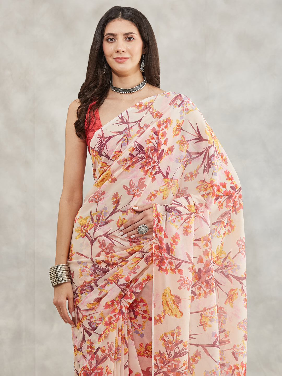 Janasya Cream Georgette Floral Printed Saree - Distacart