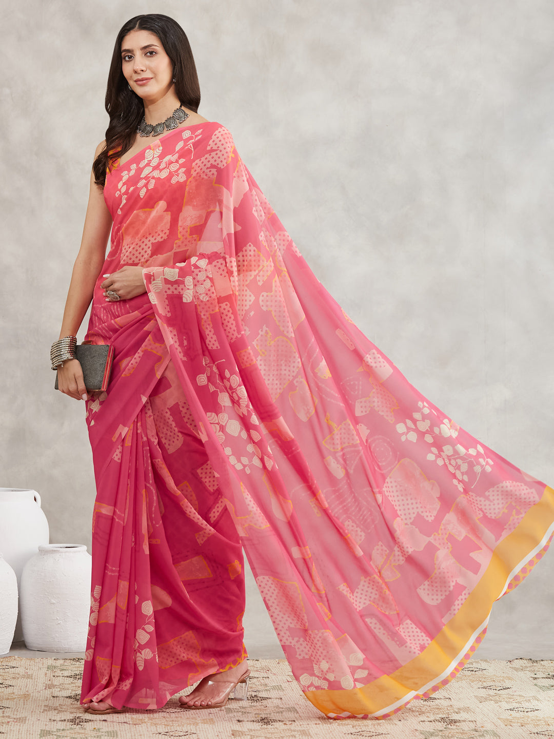 Janasya Pink Georgette Geometric Printed Saree - Distacart