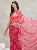 Janasya Pink Georgette Geometric Printed Saree - Distacart